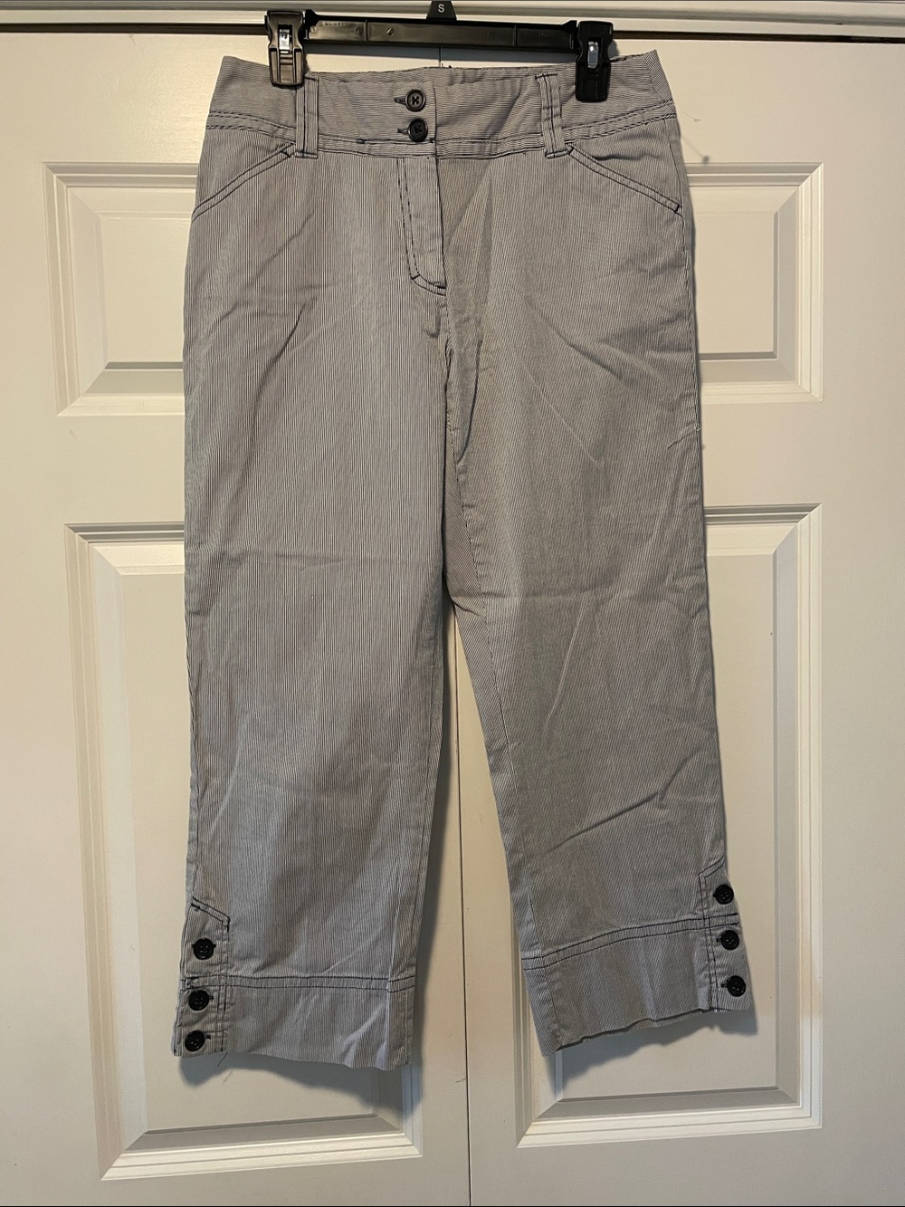Rafaella Blue/White Pinstriped Cropped with Ankle Button Tabs